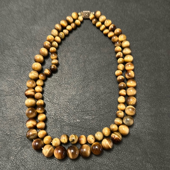2 Strand Tiger Eye Bead Necklace Sterling Silver Box Clasp - Picture 1 of 13